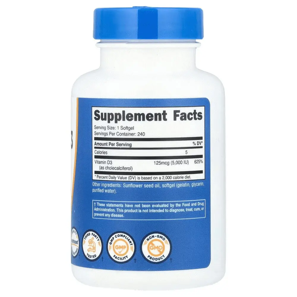 Nutricost, Vitamina D3, 125 mcg (5000 UI), 240 cápsulas blandas - Imagen 2